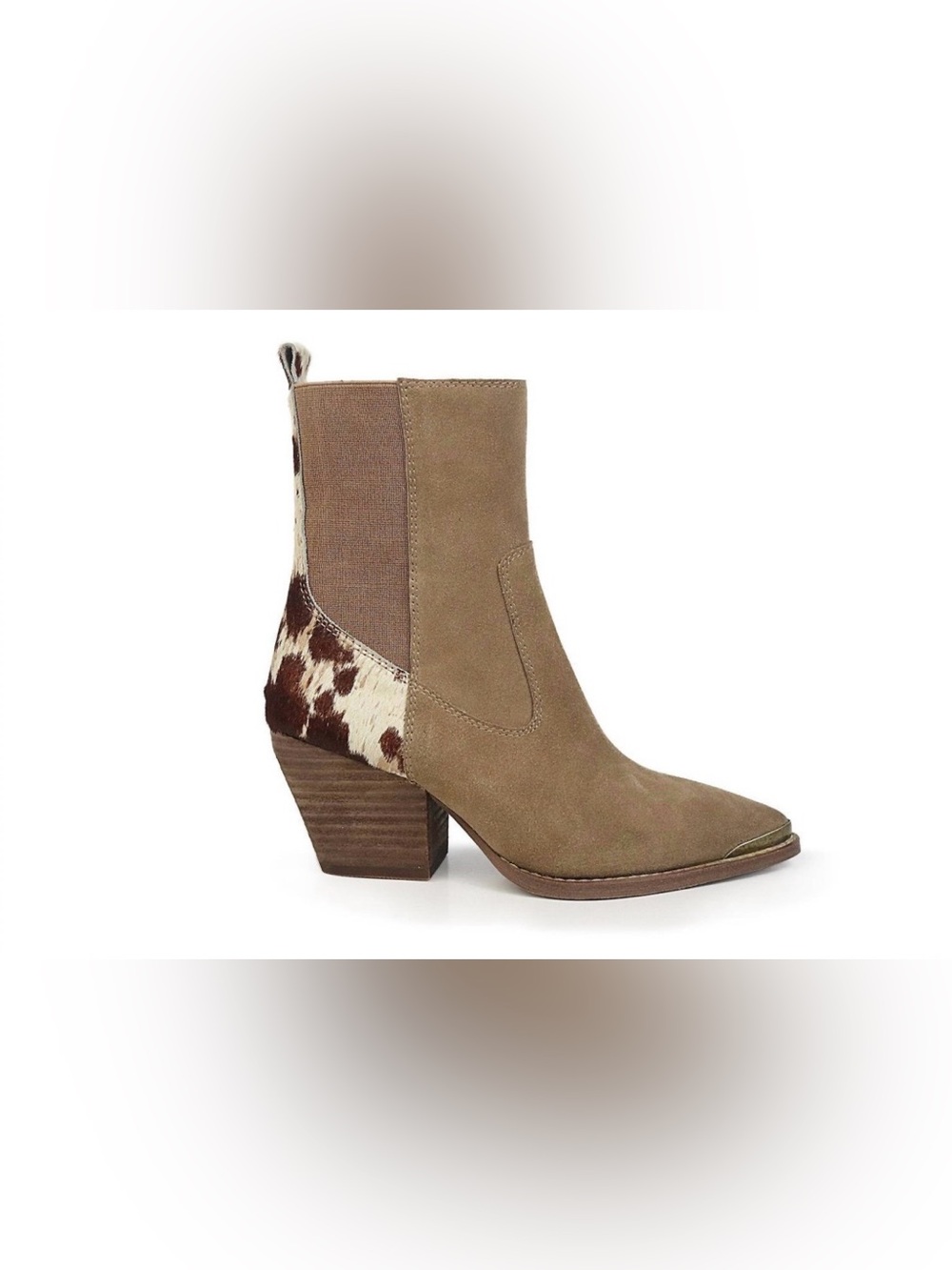 VINTAGE HAVANA Taupe Suede Western Ankle Boot with Cowhide Accent; Size 8